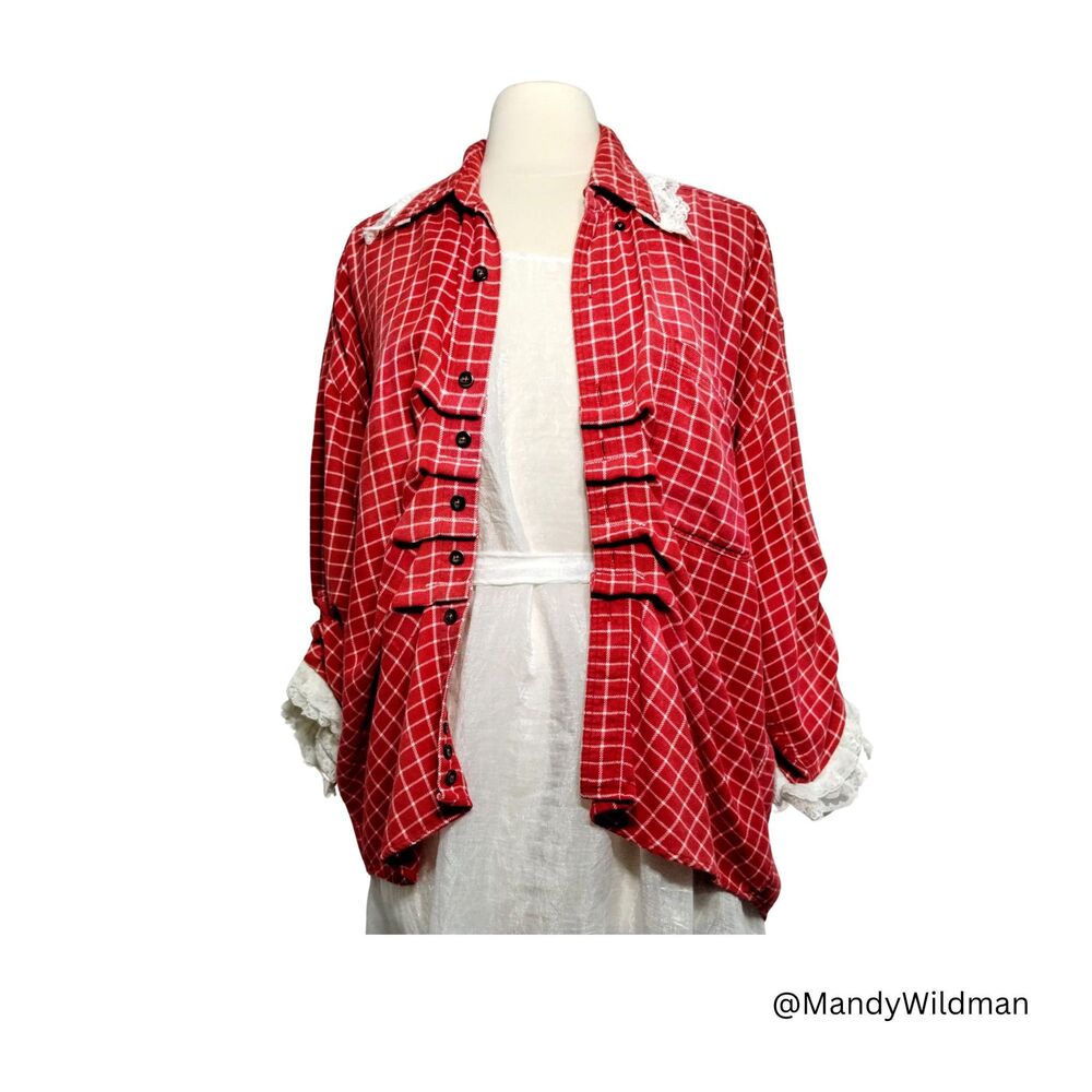 Womens handmade boyfriend shirt. Shabby chic blouse. Ruffles red plaid shirt. L.